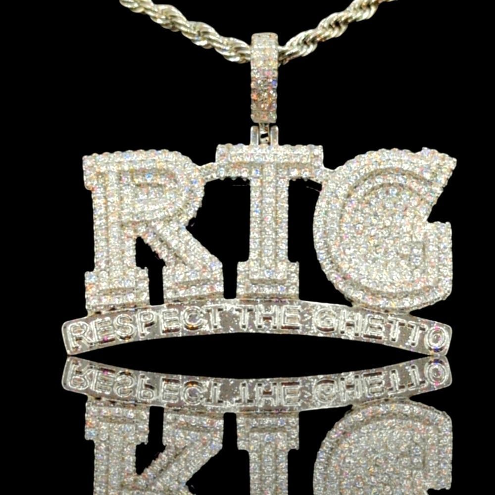 14K White Gold Finish Respect The Ghetto - Free 24" x 3mm Rope Chain.